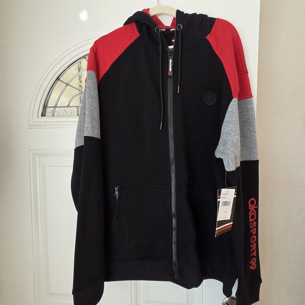 Men's Red and Black Zip Up Sweater